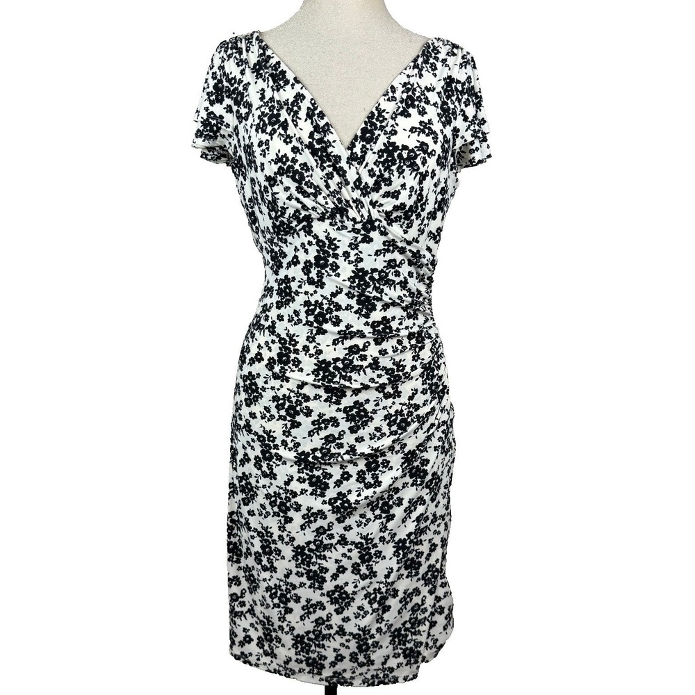 Lauren Ralph Lauren Sheath Dress Womens 10 White Black Floral Ruched Surplice